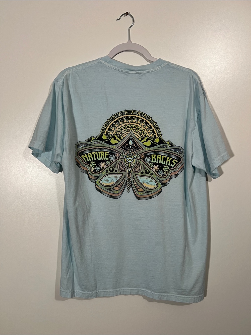 Nature Backs Moth Tee Comfort Colors Shirt in Baby Blue Size Large